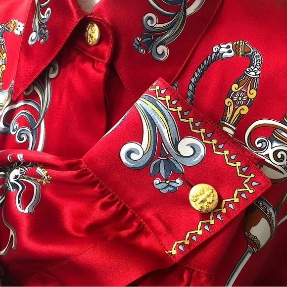 Vintage 1980s Designer Escada Red Sword Print Blouse 100% Silk Size Medium - Picture 4 of 9